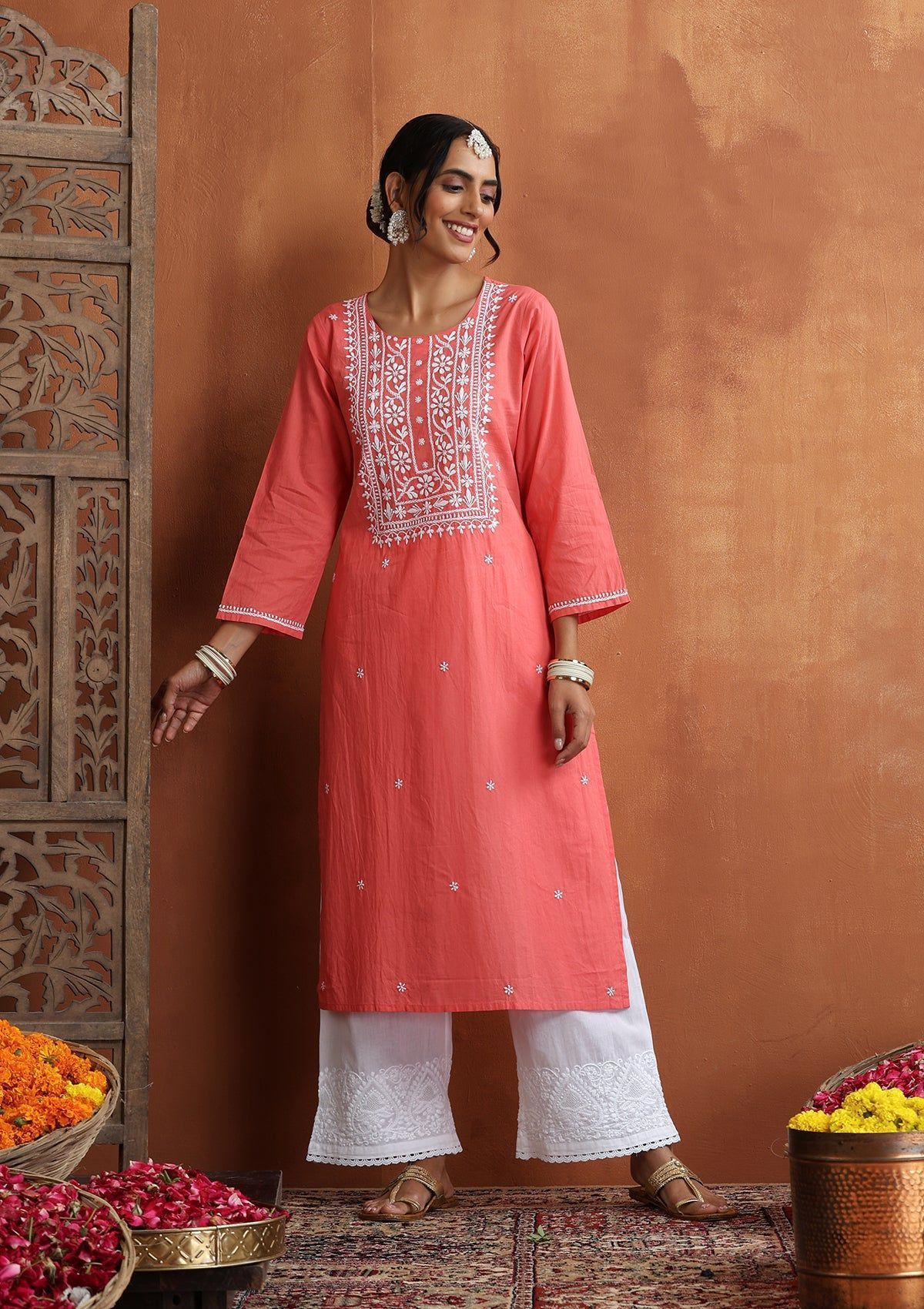 Cotton Chikankari Solid Women's Long Kurta - Pink