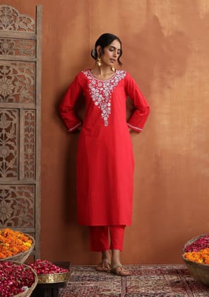 Cotton Chikankari Solid Women's 2 PC Long Kurta Set - Red