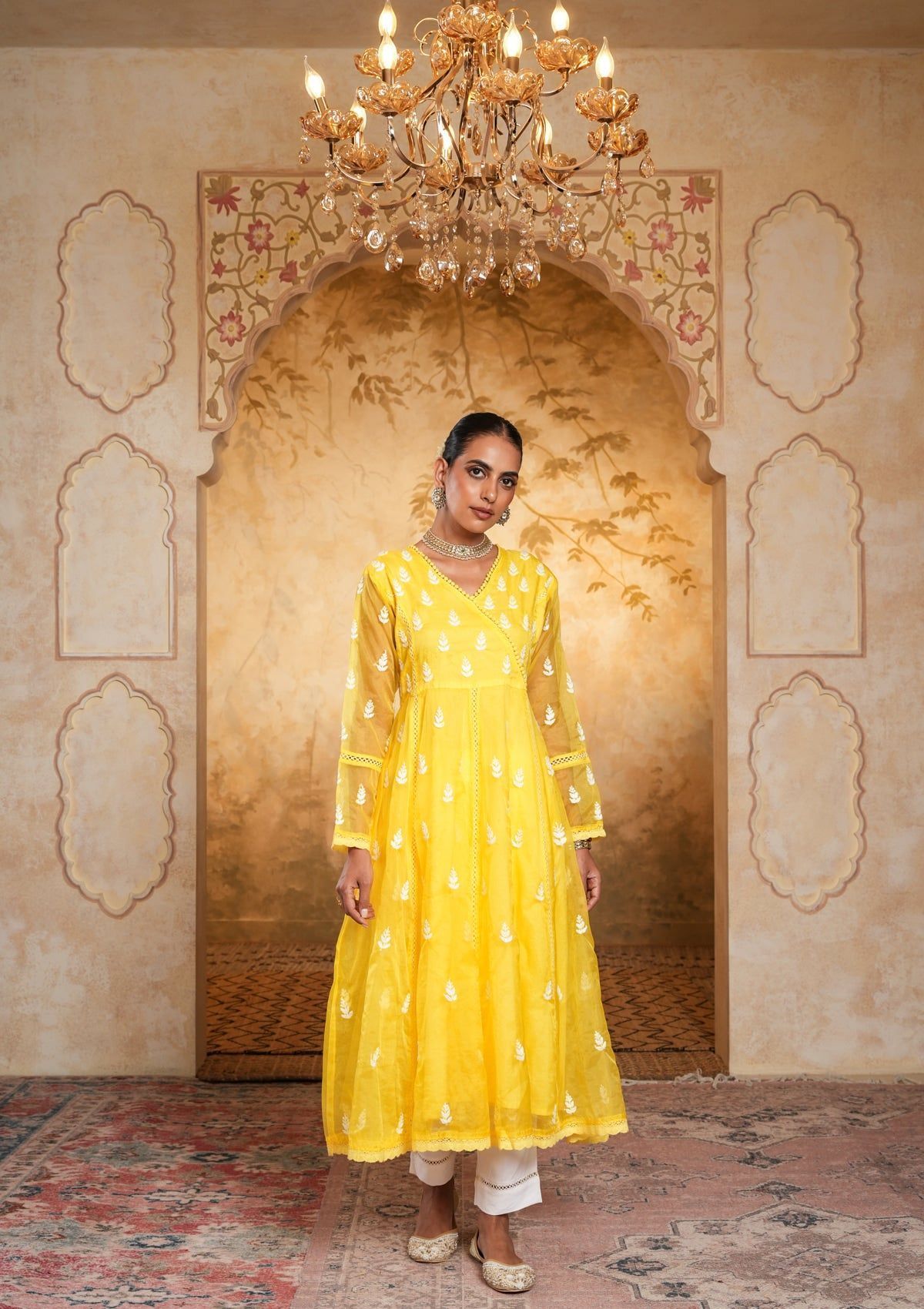 Organza Chikankari Solid Women's Long Kurta - Yellow