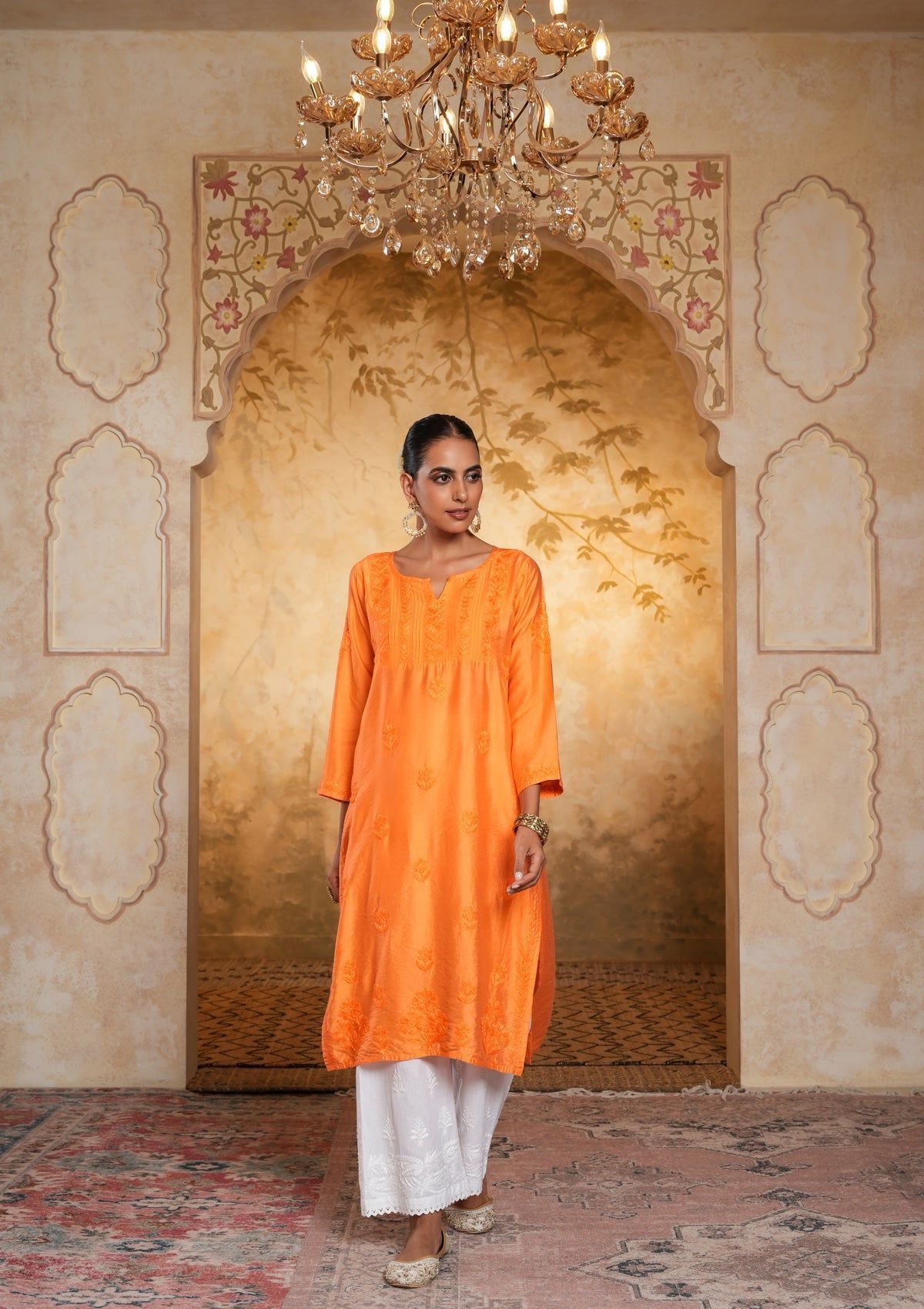 Chanderi Chikankari Solid Women's Long Kurta - Orange