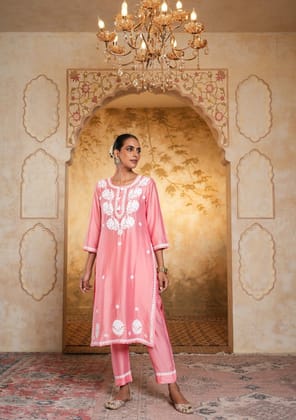 Chanderi Chikankari Solid Women's 2 PC Long Kurta Set - Pink