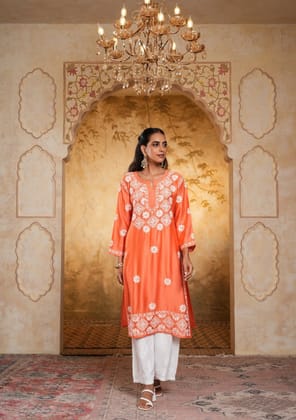 Chanderi Chikankari Solid Women's Long Kurta - Peach