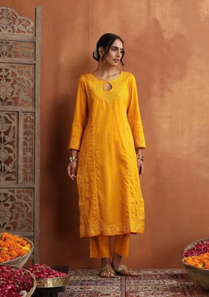 Jaam Silk Chikankari Solid Women's 2 PC Long Kurta Set - Yellow