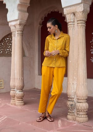 HOC Crafts Glazed Cotton Hand Block Printed with Hand Embroidery Women's 2 PC Co-ord Set - Mustard