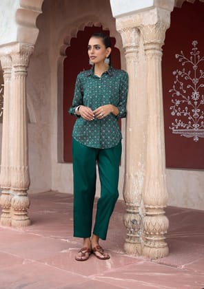 HOC Crafts Glazed Cotton Hand Block Printed with Hand Embroidery Women's 2 PC Co-ord Set - Dark Green