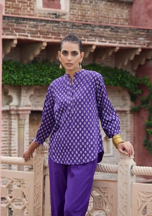 HOC Crafts Glazed Cotton Hand Block Printed with Hand Embroidery Women's 2 PC Co-ord Set - Dark Purple