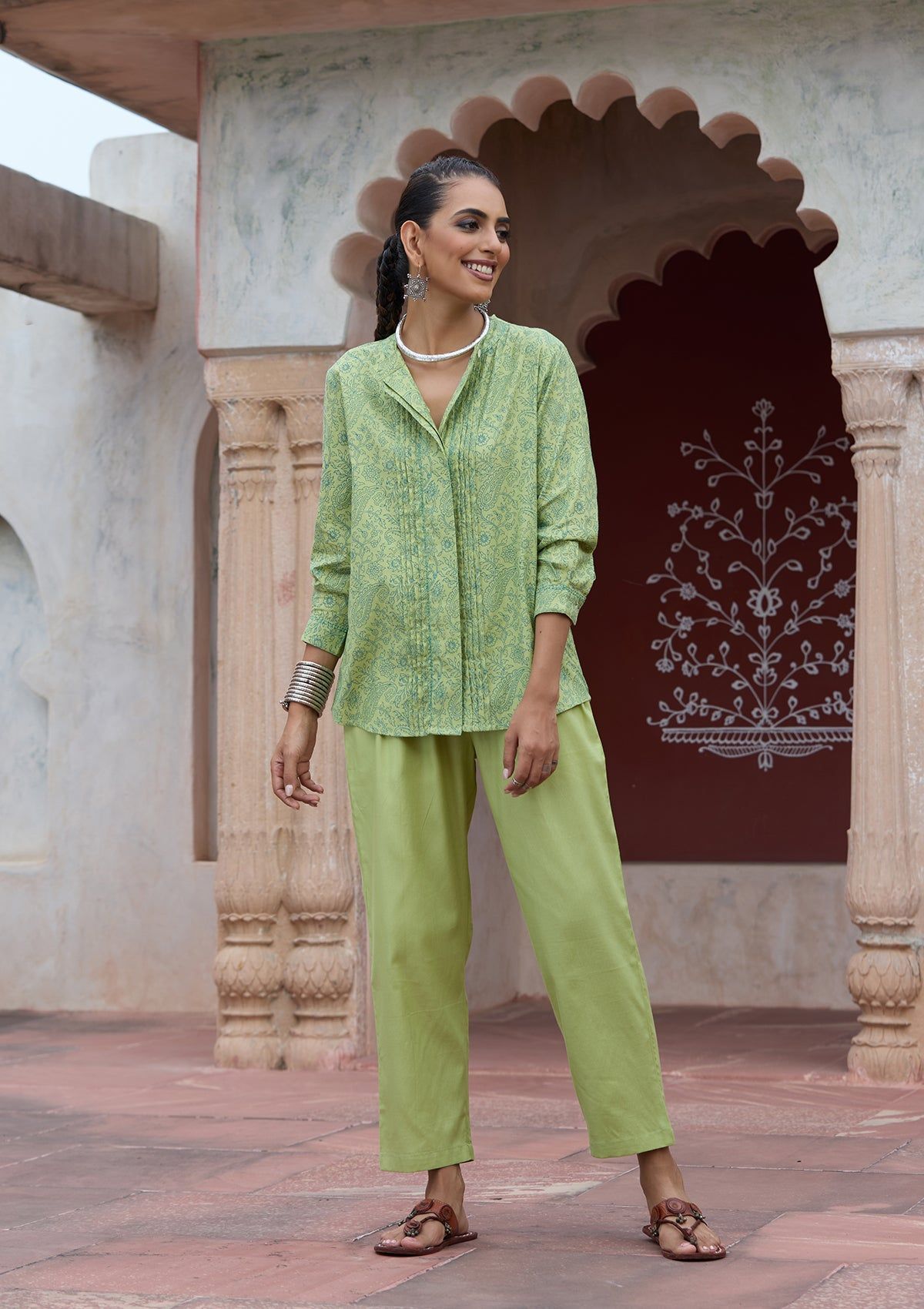 HOC Crafts Glazed Cotton Hand Block Printed with Hand Embroidery Women's 2 PC Co-ord Set - Green