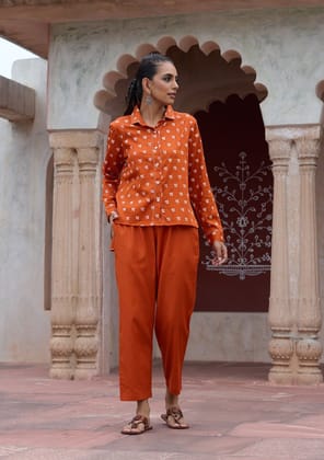 HOC Crafts Glazed Cotton Hand Block Printed with Hand Embroidery Women's 2 PC Co-ord Set - Orange