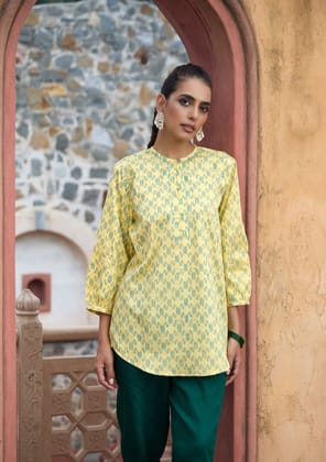 HOC Crafts Glazed Cotton Hand Block Printed Women's Short Kurta - Yellow