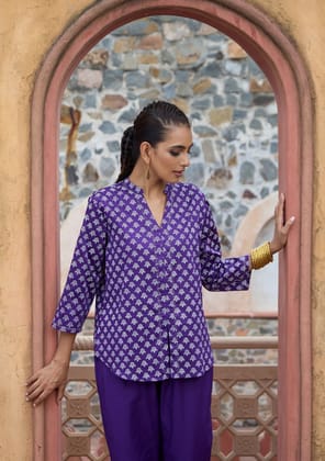 HOC Crafts Glazed Cotton Hand Block Printed with Hand Embroidery Women's Short Kurta - Dark Purple