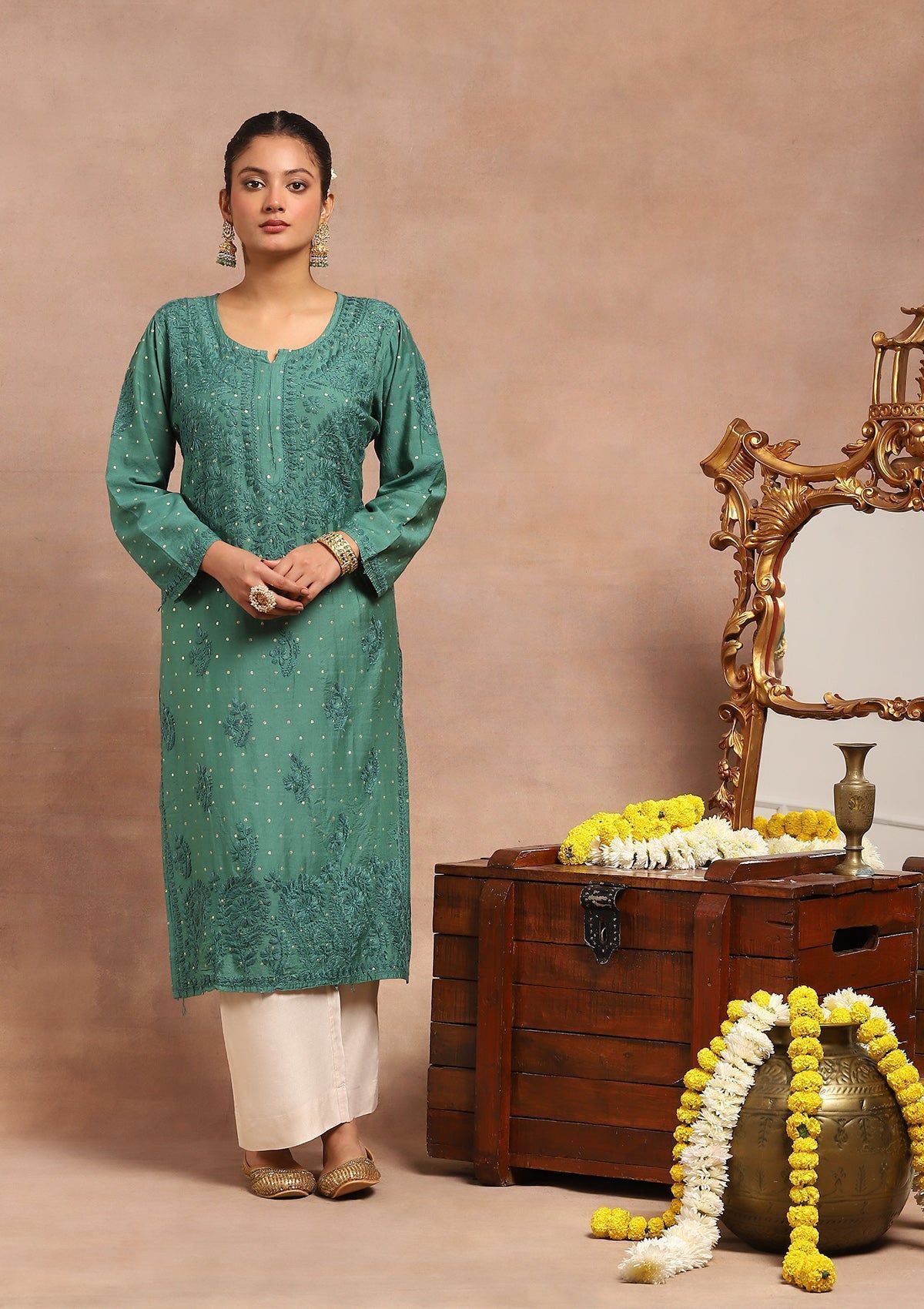 Chanderi  Chikankari Solid Women's Long Kurta- Dark Green