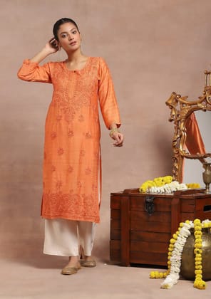 Chanderi Chikankari Solid Women's Long Kurta- Orange