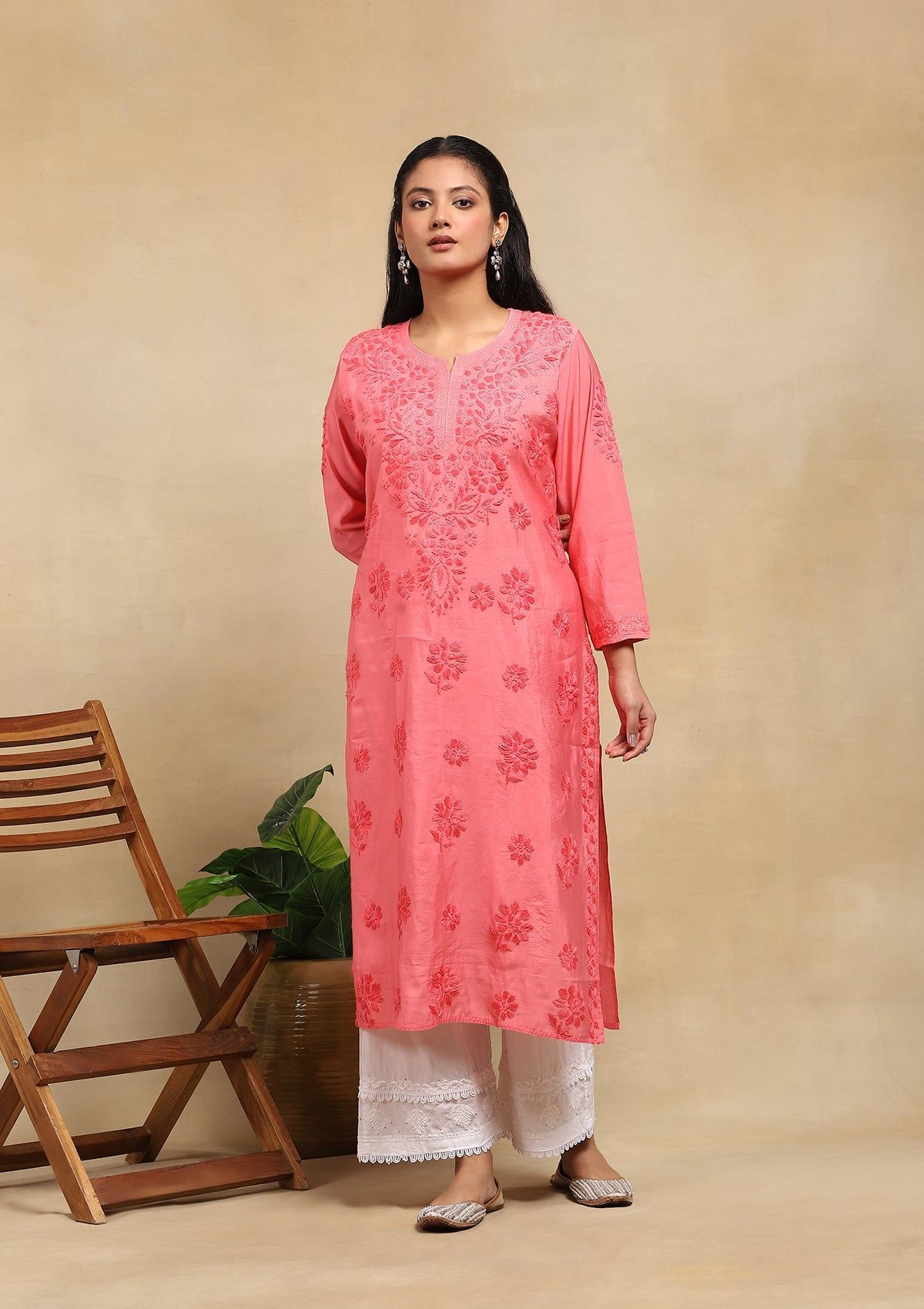 Chanderi  Chikankari Solid Women's Long Kurta- Light Pink