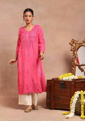 Chanderi  Chikankari Solid Women's Long Kurta- Dark Pink