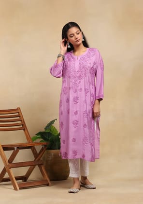 Chanderi  Chikankari Solid Women's Long Kurta- Purple