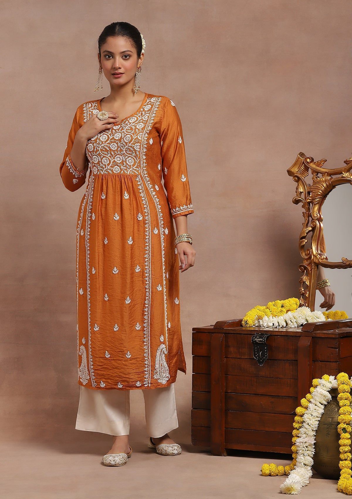 Chanderi Chikankari Solid Women's Long Kurta- Mustard