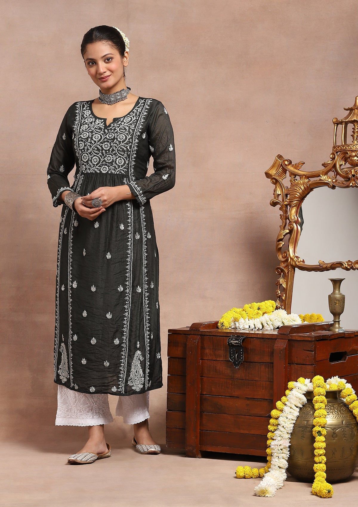 Chanderi Chikankari Solid Women's Long Kurta- Black