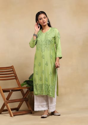 Chanderi  Chikankari Solid Women's Long Kurta- Light Green