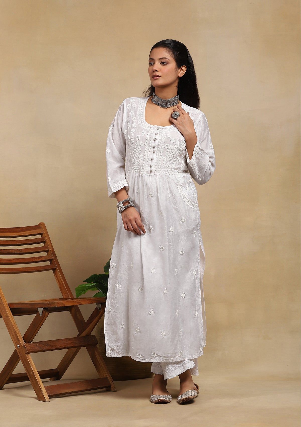 Chanderi Chikankari Solid Women's Long Kurta- White