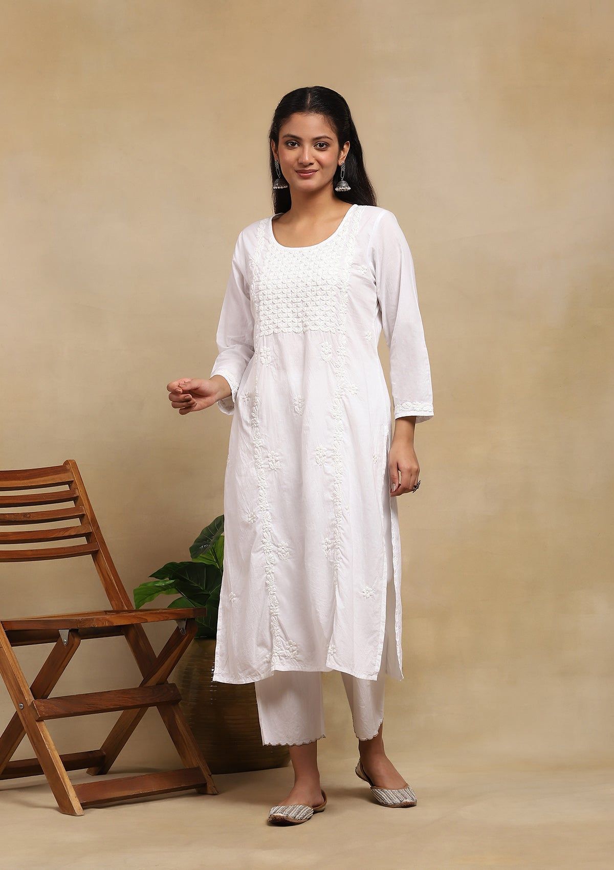 Cotton Chikankari Solid Women's Long Kurta - White