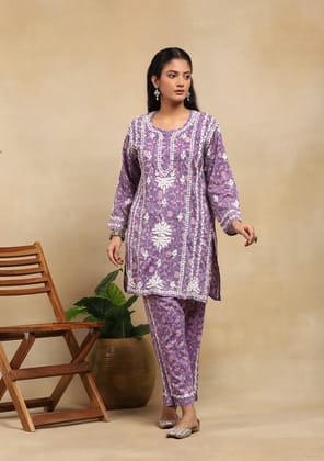 Cotton Chikankari Printed Women's 2PC Short Kurta Set - Purple