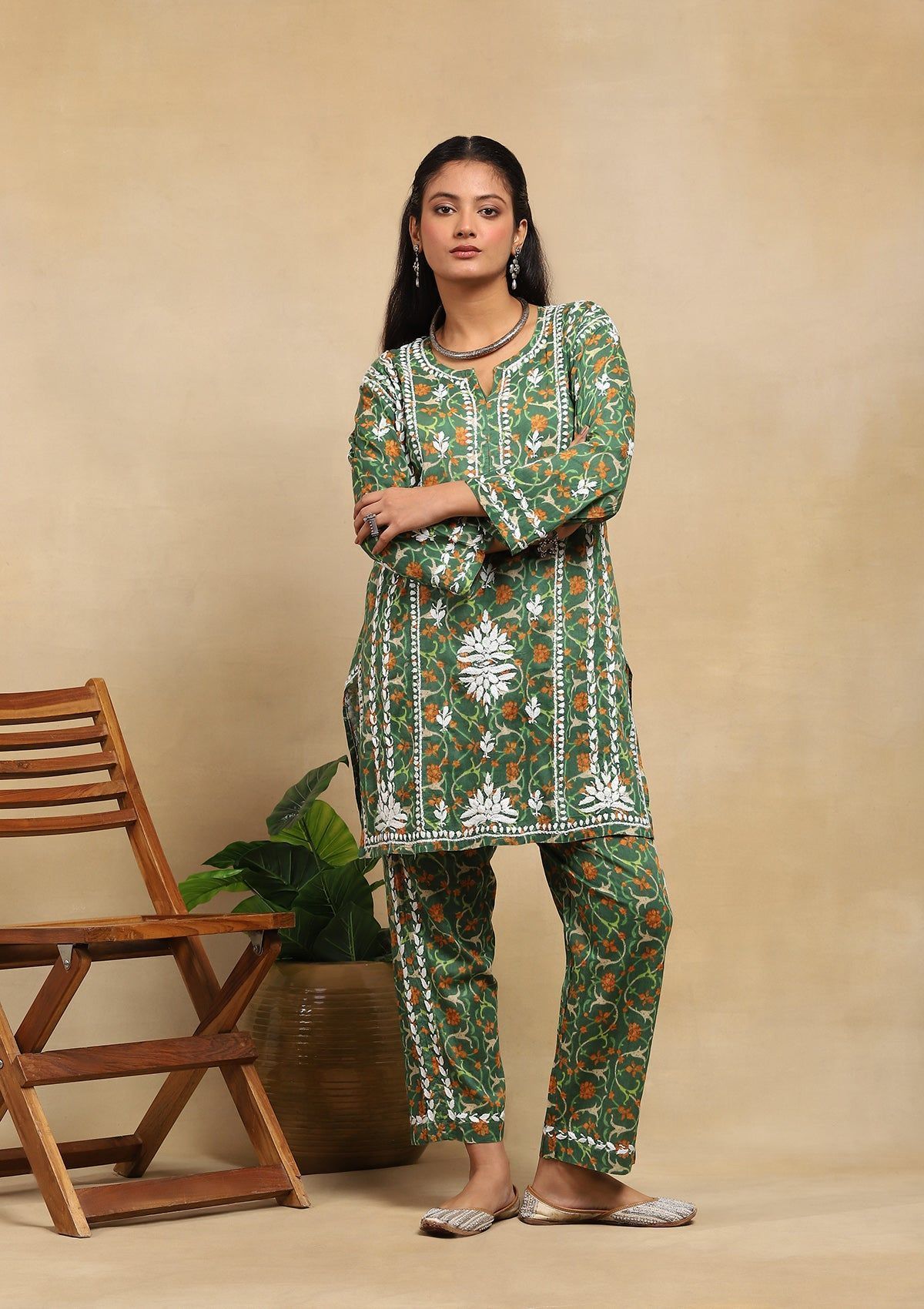 Cotton Chikankari Printed Women's 2PC Short Kurta Set - Green