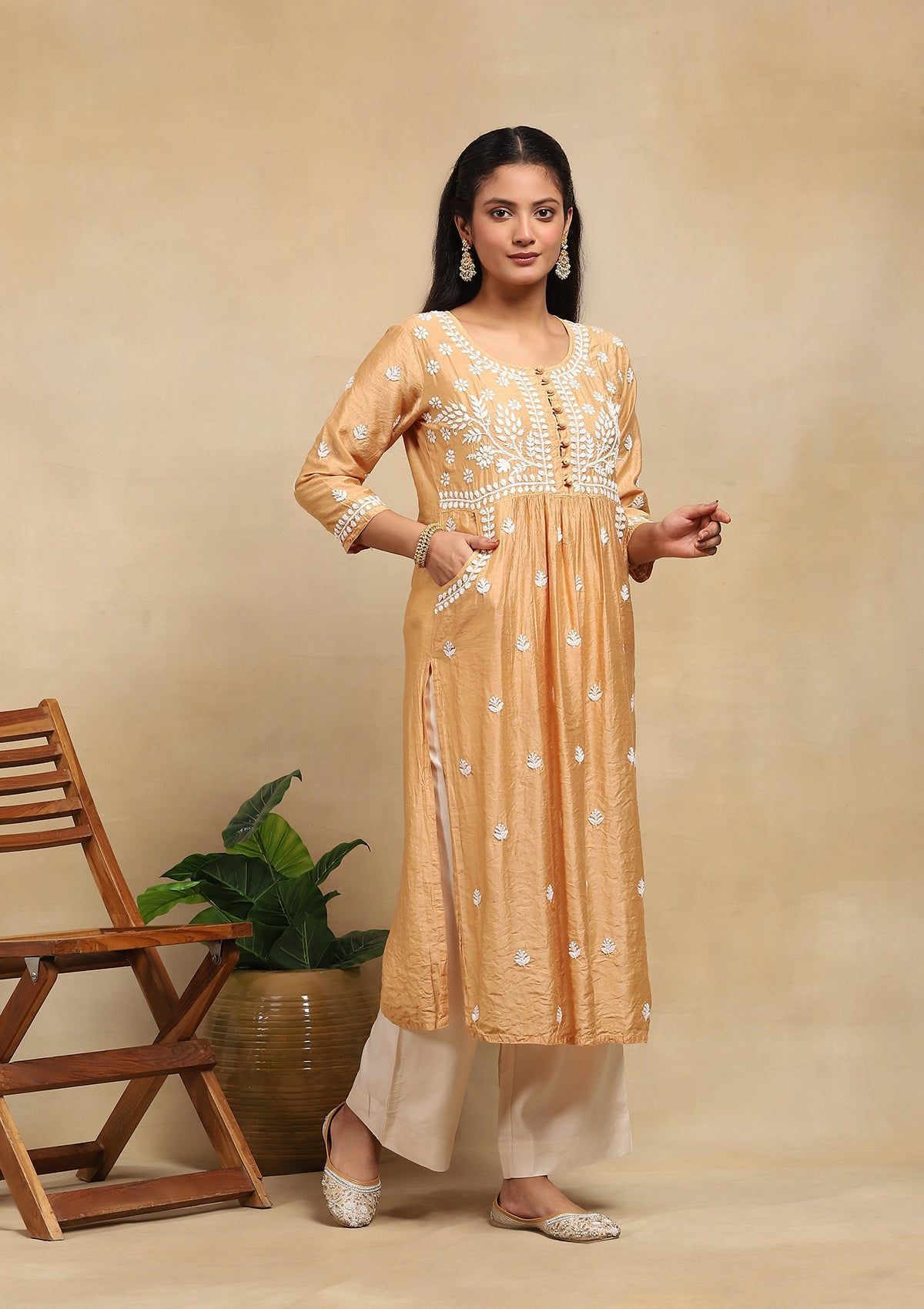 Chanderi Chikankari Solid Women's Long Kurta- Beige