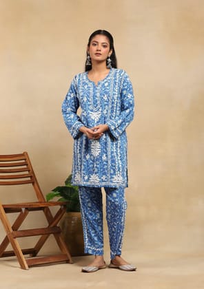 Cotton Chikankari Printed Women's 2PC Short Kurta Set - Blue