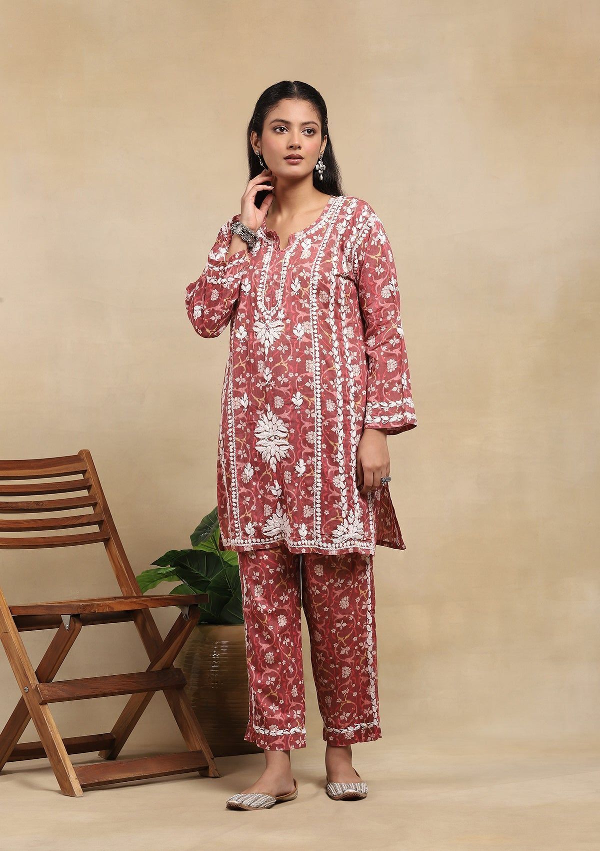 Cotton Chikankari Printed Women's 2PC Short Kurta Set - Red