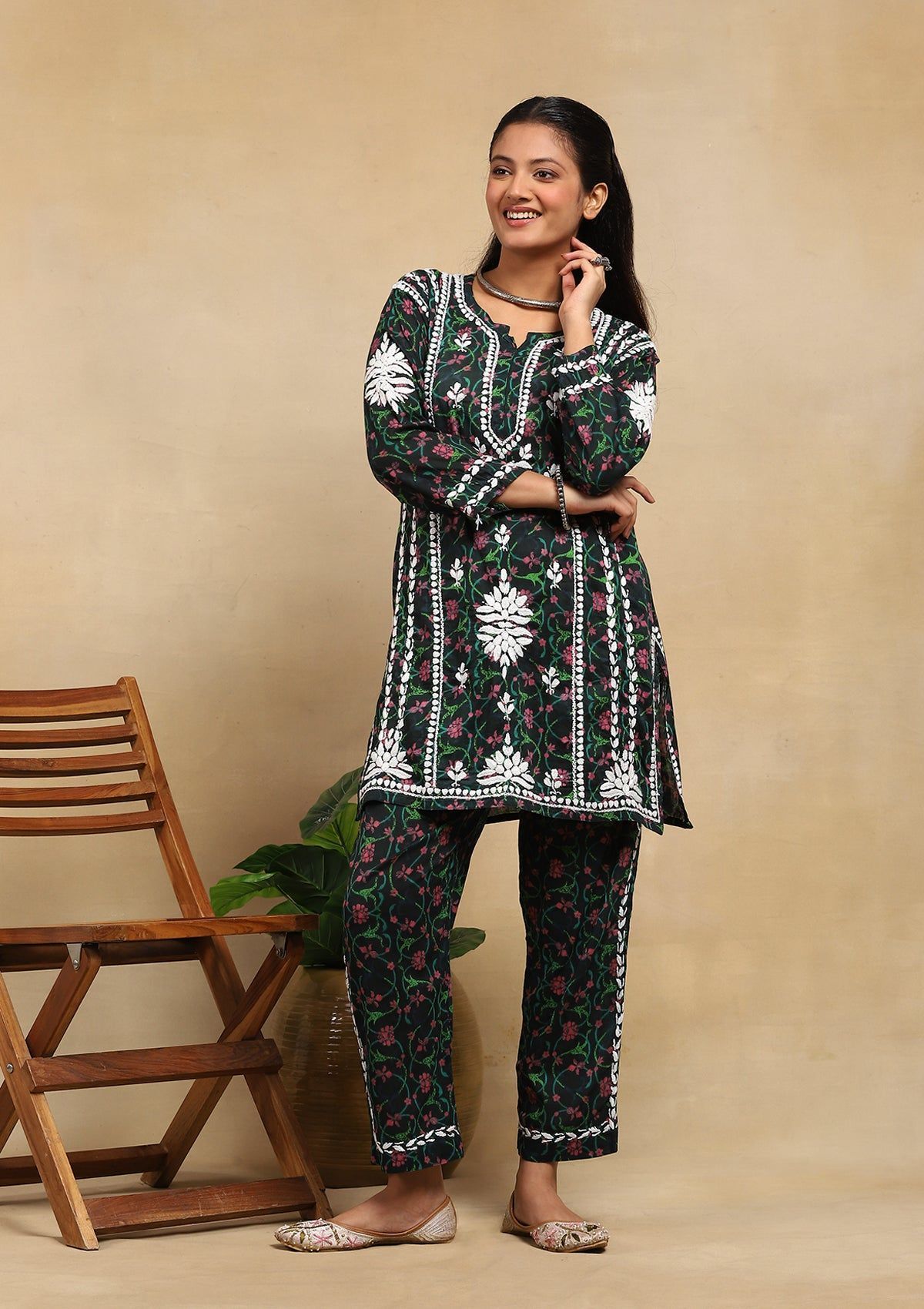 Cotton Chikankari Printed Women's 2PC Short Kurta Set - Dark Green