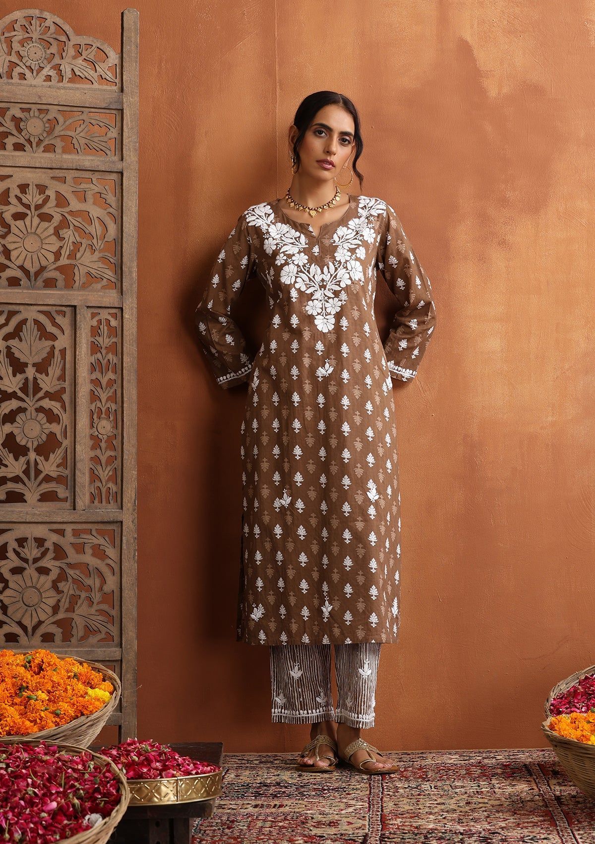 Cotton Chikankari Printed Women's 2 PC Long Kurta Set - Brown