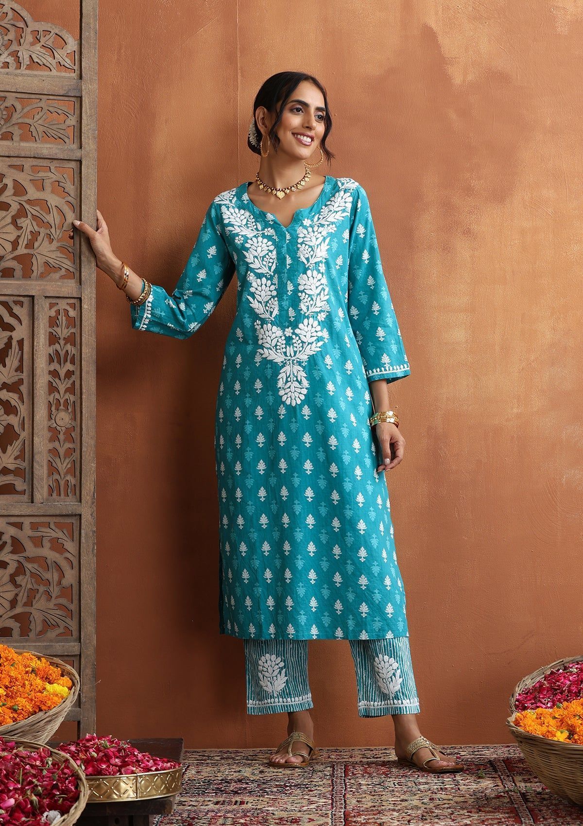 Cotton Chikankari Printed Women's 2 PC Long Kurta Set - Blue