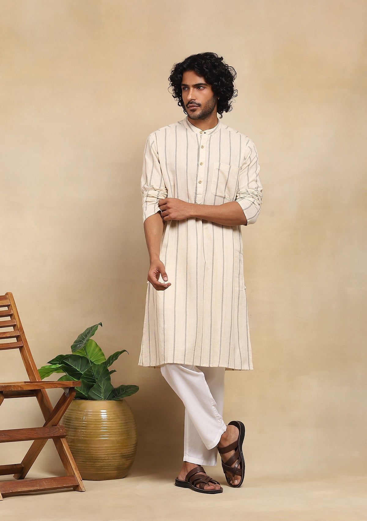 HOC Crafts Handloom Solid Men's Long Kurta - Beige