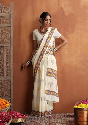 HOC Crafts Hand Block Mulmul Printed Women's Saree - Beige