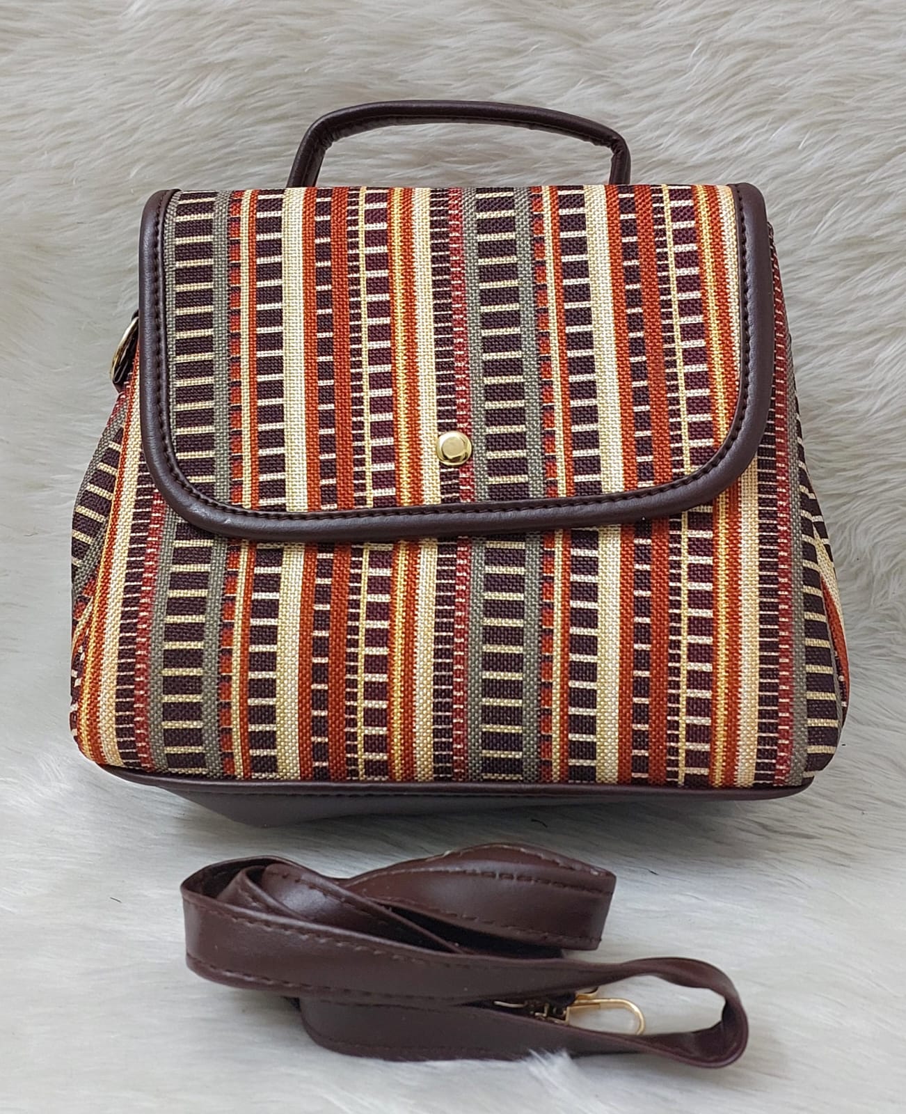  Brown and Orange Striped Handbag with Detachable Strap