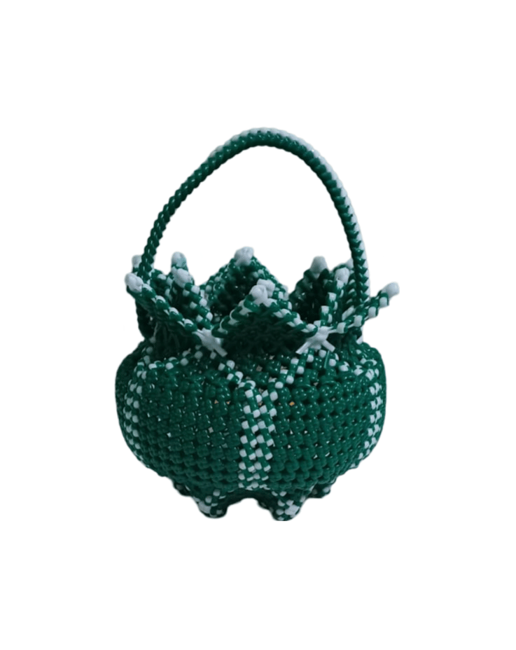  Green and White Handwoven Lotus Flower Basket with Handle