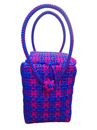 Handwoven Purple and Blue Plastic Basket Bag with Double Handles