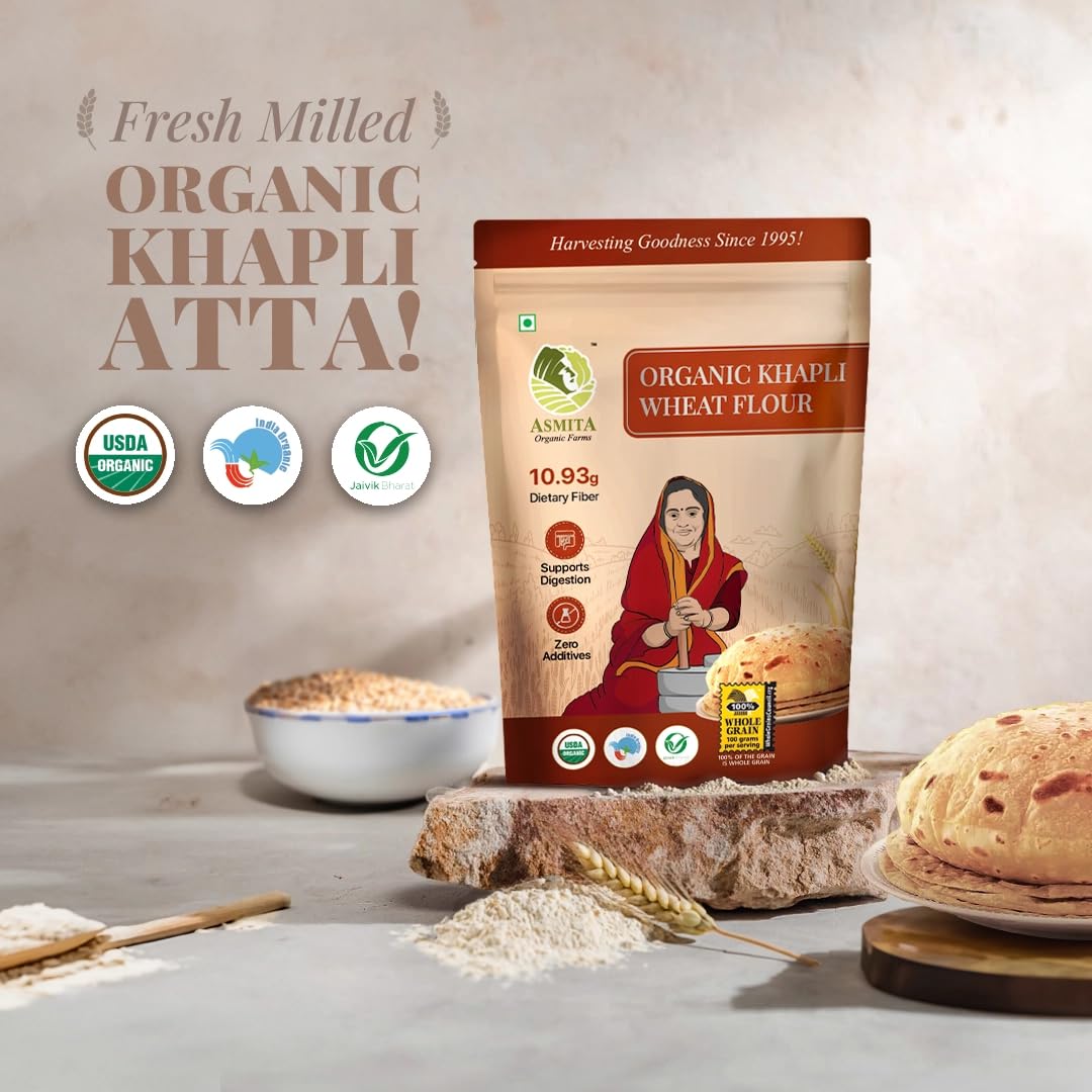 Asmita Organic Farms Khapli Wheat Flour 1kg Low GI Emmer Wheat Atta 100% Natural, High Fiber, Protein-Rich Stoneground, Freshly Milled, Preservative-Free Easy to Digest