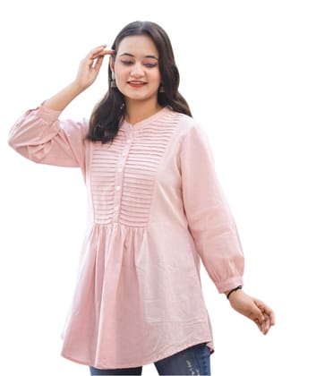 Women's Cotton Solid Full Sleeve Band collar Tunic (Peach) PID54221