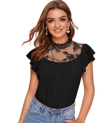 Women's Polyester Solid Cap Sleeve Sweetheart Neck Top (Black) PID56681