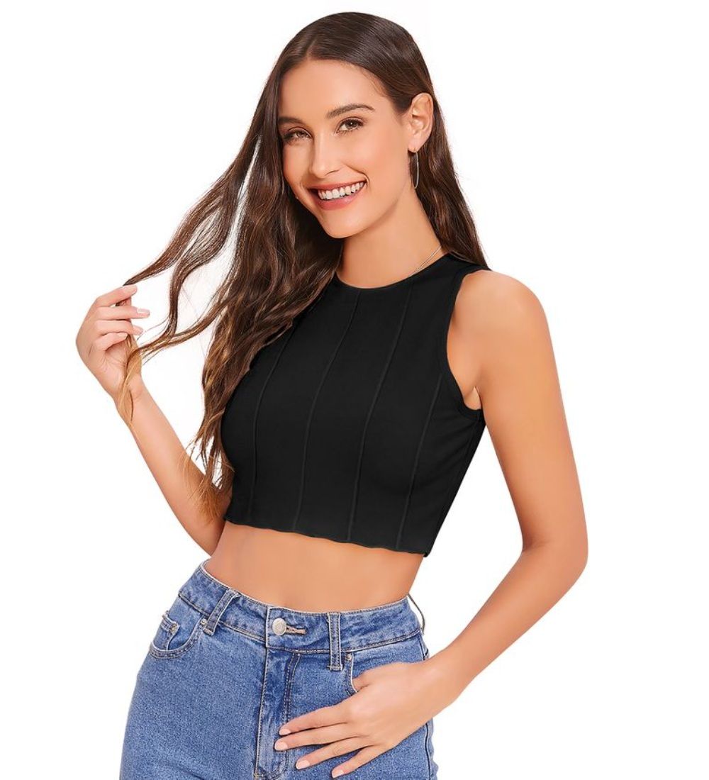 Women's Polyester Solid Sleeveless Round Neck Top (Black) PID56687
