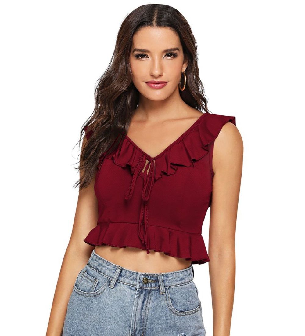 Women's Polyester Solid Sleeveless Ruffle Neck Top (Maroon) PID56693