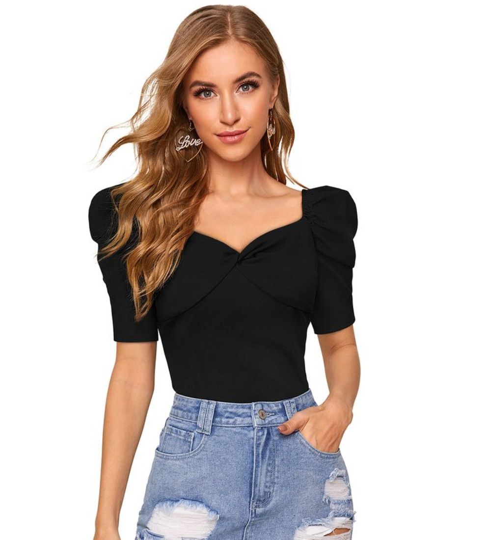 Women's Polyester Solid Puff Short Sleeves Sweetheart Neck Top (Black) PID56697