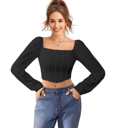 Women's Polyester Solid Long Sleeves Square Neck Top (Black) PID56705