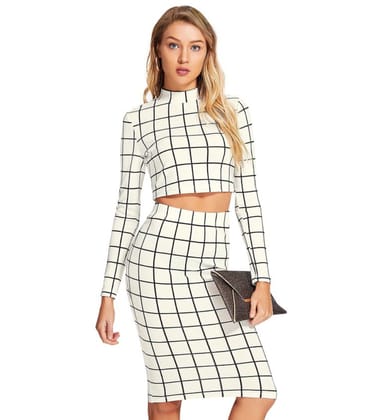 Women's Polyester Checkered Full Sleeves Stand Collar Crop Top Skirt Set (White) PID56709