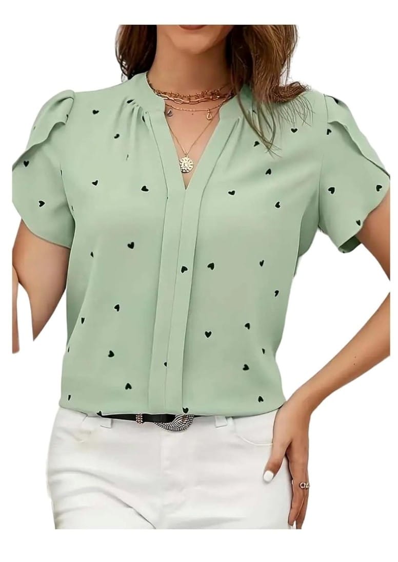 Women's Casual Rayon Short Sleeve Printed Mandarin Collar Top (Green) PID57094