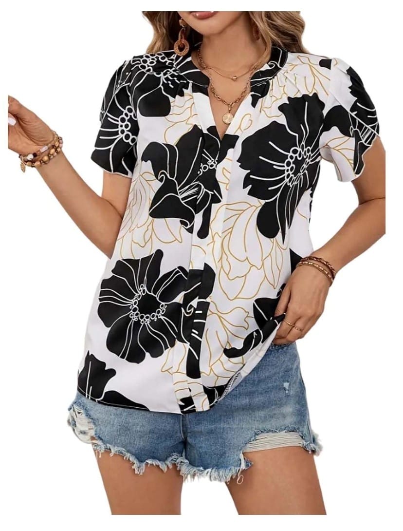 Women's Casual Rayon Short Sleeve Printed V Neck Top (Multicolor) PID57095