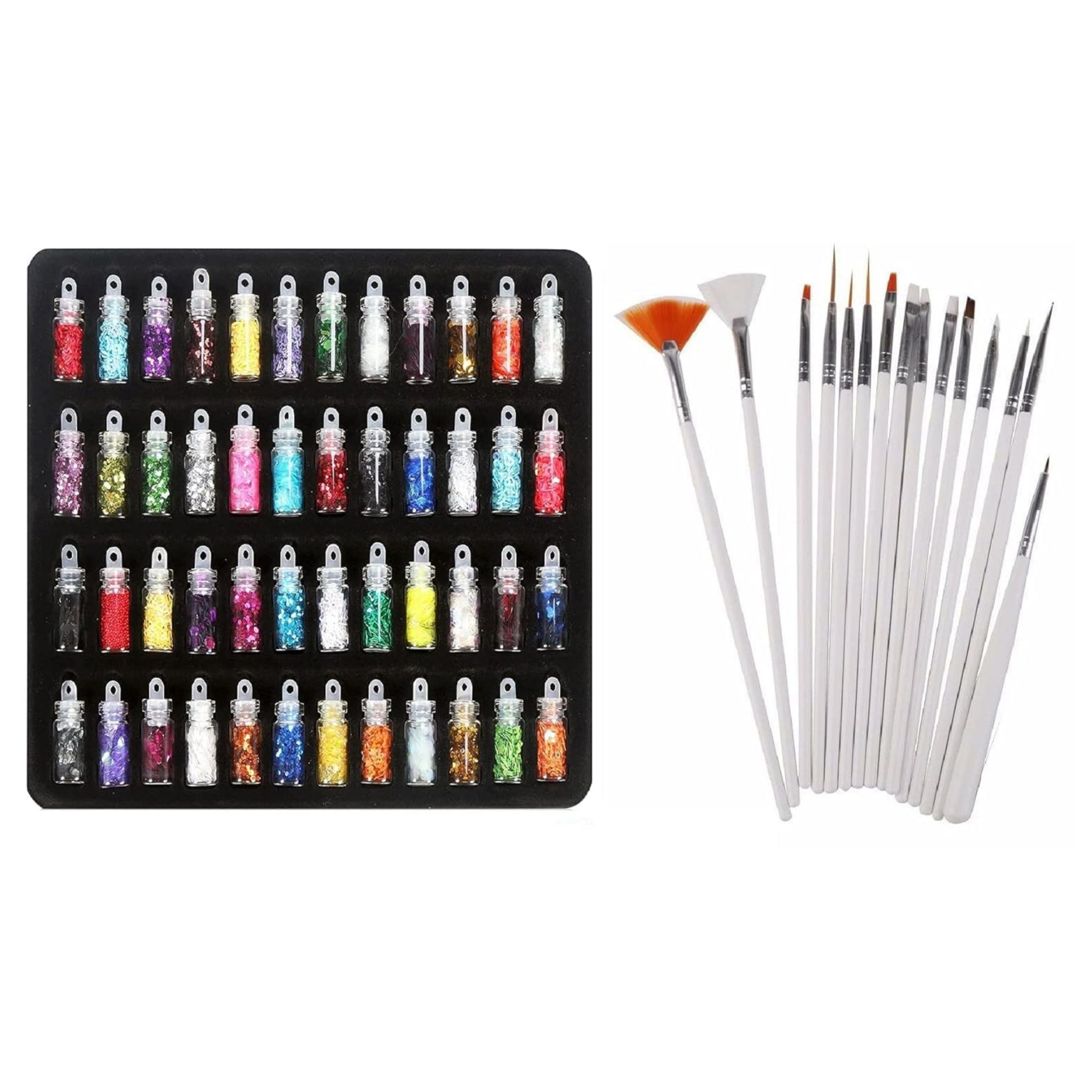 48 Colors Nail Art Glitter Bottles Set with 15 Pieces Nail Art Brushes for Nail Art Decoration