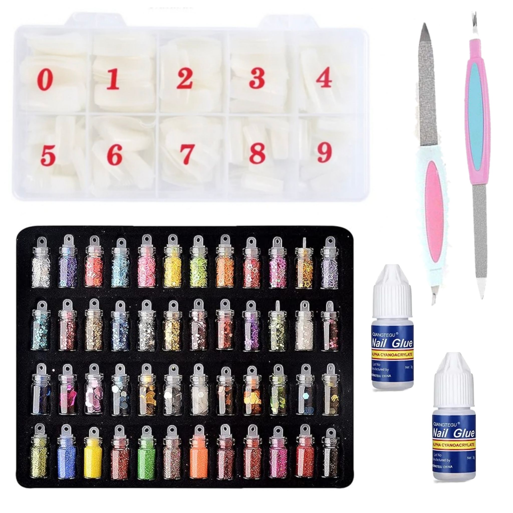 Acrylic Nail Kit, 500 pcs French Long Acrylic False Nails, 48 Colors Nail Glitter Bottles, Nail Rhinestones, Nail Art Decorations, 2 Nail Filer, 2 pcs Nail Glue, for DIY Nail Art Design