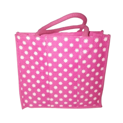  Pink Floral Jute Tote Bag with Double Handles and Magnetic Snap Closure